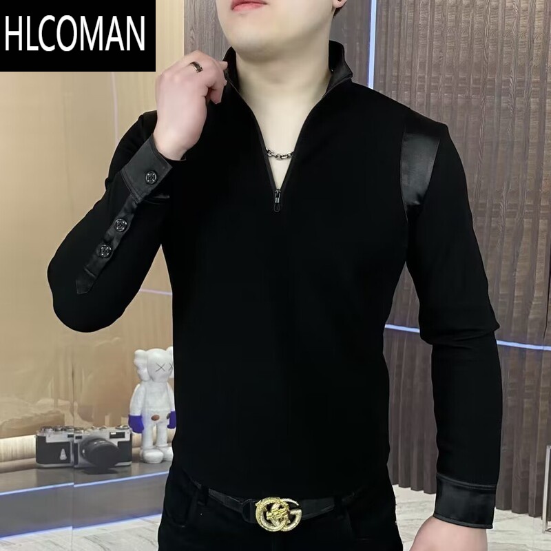 HLCOMAN高品质长袖T恤男士新款欧版抖音同款半拉链卫衣打底衫轻奢服