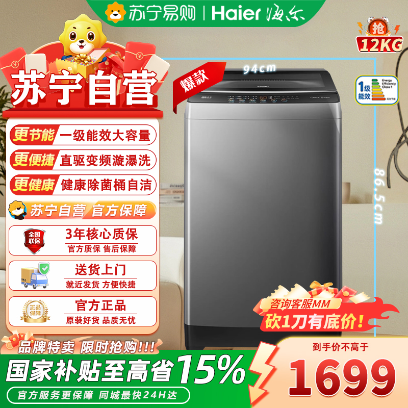 海尔(Haier)XQB120-BZ6088 12公斤一级能效 直驱变频健康除菌螨漩瀑洗+筒自洁家用大容量波轮洗衣机