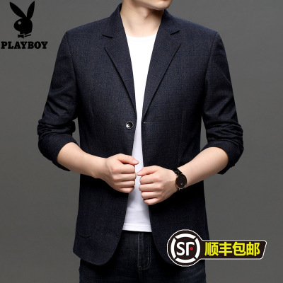 花花公子(PLAYBOY)春秋季新款男士格纹西服中青年免烫商务休闲单件小西装外套潮款英伦风修身短款单西上衣