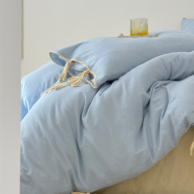 韩系少女心四件套学生宿舍双层纱纯棉三件套床单床笠纯色