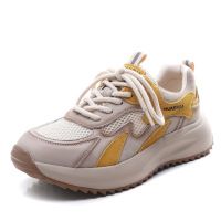 头层牛皮网面透气老爹鞋女2025春夏新款圆头厚底拼色运动休闲女鞋