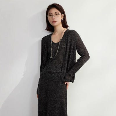 亚麻幻彩长袖针织开衫女内搭打底无袖吊带背心两件套新款春季上衣 花灰（两件套） 均码