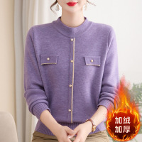 新款中领妈妈冬装上衣时尚简约假口袋中老年人保暖打底衫加绒衣服