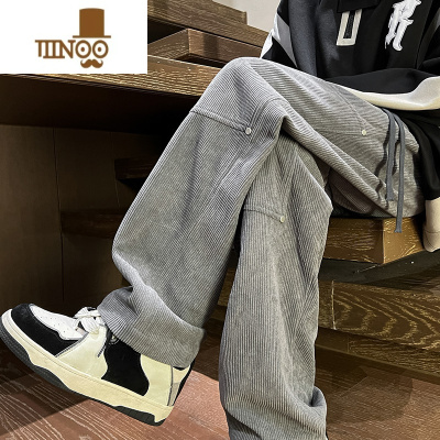 YANXU设计感灰色休闲长裤男士港风男款灯芯绒拖地潮牌运动卫裤子