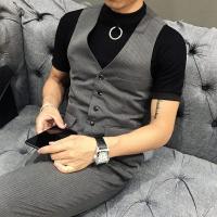 男士条纹两件套韩版修身发型师伴郎新郎礼服英伦西装马夹套装