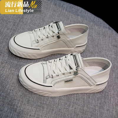 一脚蹬小白鞋女2020春季新款韩版百搭平底休闲板鞋踩后跟两穿女鞋知义(ZHIYI)帆布鞋