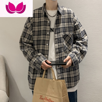 七斓格子衬衫男港风宽松休闲寸衫潮牌痞帅复古拼色长袖灰色外套