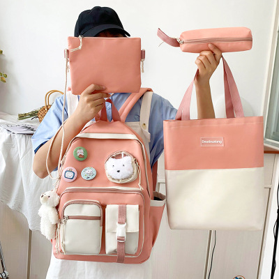 休旅学生书包女韩版原宿风撞色四件套帆布双肩包小清新ins背包