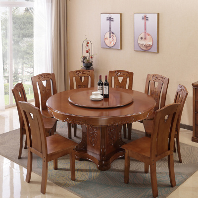 中式圆餐桌带转盘实木餐桌椅组合大圆桌现代简吃饭桌10人家用圆形