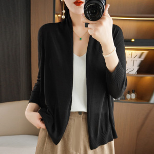 夏季女士空调针织衫薄款冰丝亚麻开衫长袖女开衫披肩大码外搭坎肩