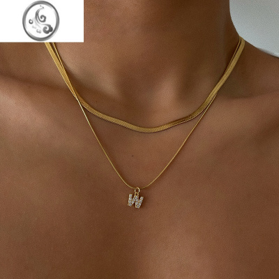 JiMi肯豆同款双层蛇骨链26英文字母吊坠项链女 ins宽扁叠戴新款锁骨链