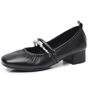 25新款真皮方头粗跟玛丽珍鞋女百搭时尚浅口四季单鞋女通勤工作鞋