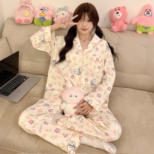 秋冬季长袖睡衣女云朵棉开衫翻领可爱卡通韩版休闲宽松家居服套装