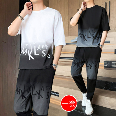 晗亦然短袖T恤男休闲运动套装新款夏天韩版潮牌时尚帅气搭配长裤二件套5874