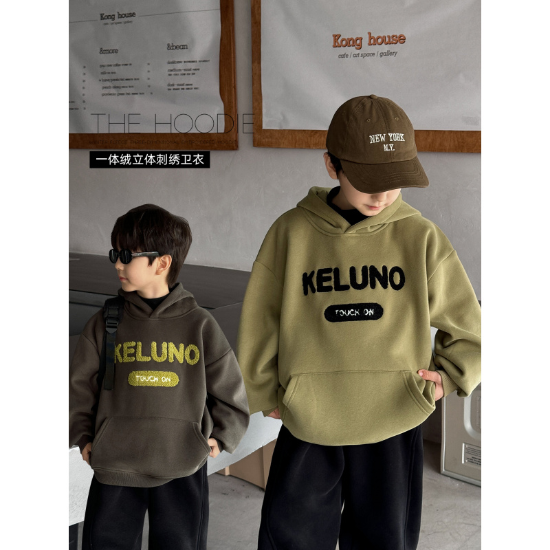 童酷儿童冬款湖州织里童装韩版字母刺绣一体绒连帽男童卫衣潮