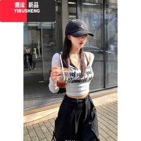 YIBUSHENG辣妹穿搭U领低胸紧身短款T恤女新款打底衫洋气印花减龄上衣服