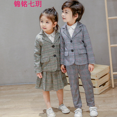 锦铭七玥2018春款男童韩版复古校服女童装儿童园服西装套装