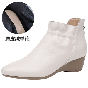 秋冬新款尖头粗跟坡跟短靴后拉链真皮复古软底加绒保暖女棉靴