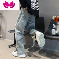 七斓排扣牛仔裤潮牌男装做旧高街直筒宽松夏季薄款hiphop美式破洞裤子
