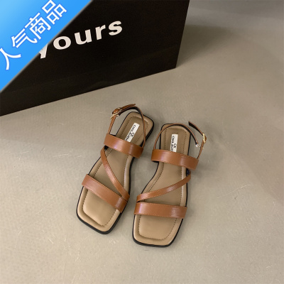 SUNTEK露趾凉鞋女夏平底2023年新款韩版复古仙女风学生一字扣带罗马鞋子