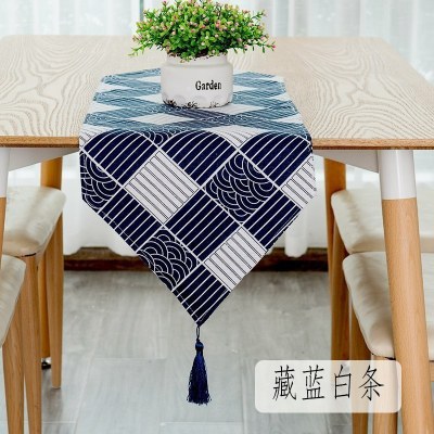 北欧桌旗 棉麻家用桌布电视柜长桌旗欧式茶几现代简约 藏蓝白条 30*160cm(适合100-120cm左右桌子茶几柜子)