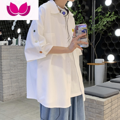 七斓冰丝垂感白衬衫男短袖潮牌ins日系痞帅排扣衬衣夏季薄款宽松外套