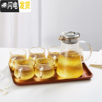 三维工匠家用茶杯水具组合日式锤纹凉水壶玻璃创意耐热高温冷水杯套装 [描金的]锤纹壶+6锤纹杯+乌檀木实木方盘