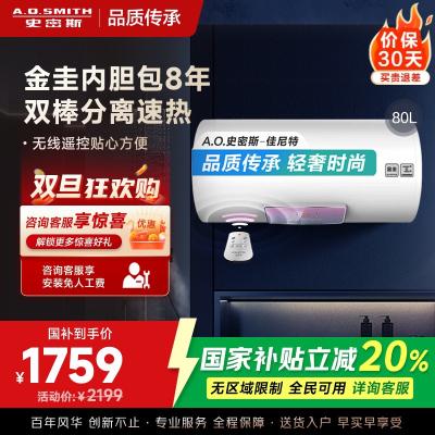 AO史密斯佳尼特 80升电热水器 金圭内胆8年免费包换 双棒分离速热 可遥控大屏 CTE-80TT 储水式