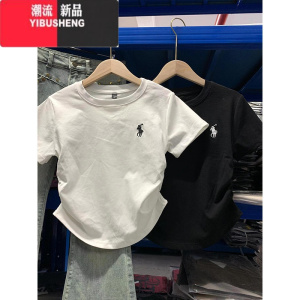 YIBUSHENG设计感小众刺绣褶皱正肩短袖T恤女美式短款修身体恤上衣服