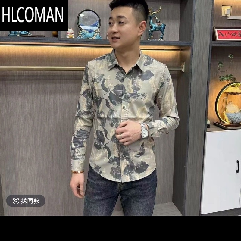 HLCOMAN2025新款男士复古风扎染花翻领长袖衬衫修身休闲潮流上衣短袖