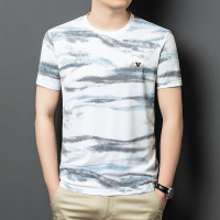 2025新款透气休闲圆领套头半袖夏季迷彩水波纹男上衣印花v字短袖