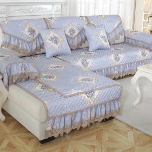 欧式四季通用布艺沙发套罩一套贵妃防滑全包套全盖沙发垫定做 花香物语-蓝色 适用于280cm沙发(一整套)