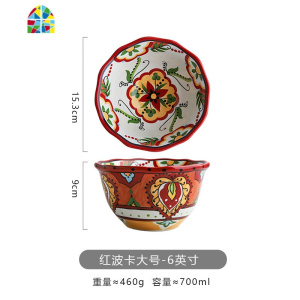 日式创意个性手绘陶瓷碗家用吃饭碗喇叭面碗大汤碗麦片碗沙拉圆碗 FENGHOU 绿波卡大号-6英寸