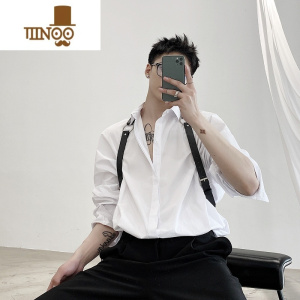YANXUins日系潮牌长袖衬衫男个性背带装饰潮流宽松发型师痞帅衬衣