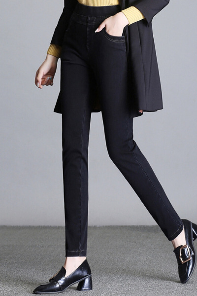 迪鲁奥(DILUAO)新款女装中年妈妈涂层牛仔布裤女40岁松紧腰春秋款显瘦常规裤长裤高腰直筒弹力新款女装