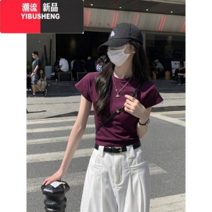 YIBUSHENG季新款小个子甜辣设计感正肩短袖别致t恤女装修身短款紫色上衣