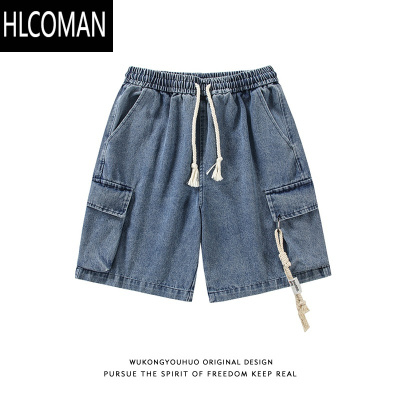 HLCOMAN夏季潮牌做旧水洗工装牛仔短裤男复古宽松百搭阔腿五分裤