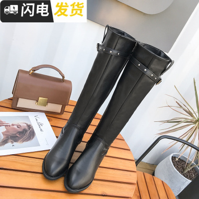 过膝长筒鞋女2018秋冬新款复古百搭直筒高筒粗跟红骑士靴女chic启如女士靴子
