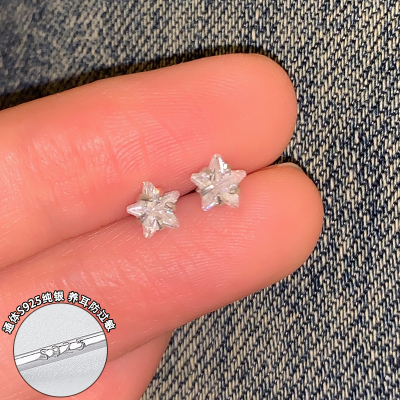 纯银锆石方糖五角星耳钉女小众设计感养耳洞耳环时尚耳骨钉潮送女朋友老婆情人节七夕生日礼物