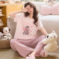 带口袋睡衣女2026新款夏季雪花彩棉可爱卡通学生家居服套装可外穿