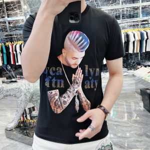 欧货短袖T恤男夏季休闲痞帅烫钻半袖体恤潮流百搭圆领夏装上衣服