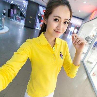 珂卡慕(KEKAMU)春长袖T恤棉女装POLO衫学生休闲运动翻领体恤打底衫上衣服黄色M建议70－85斤