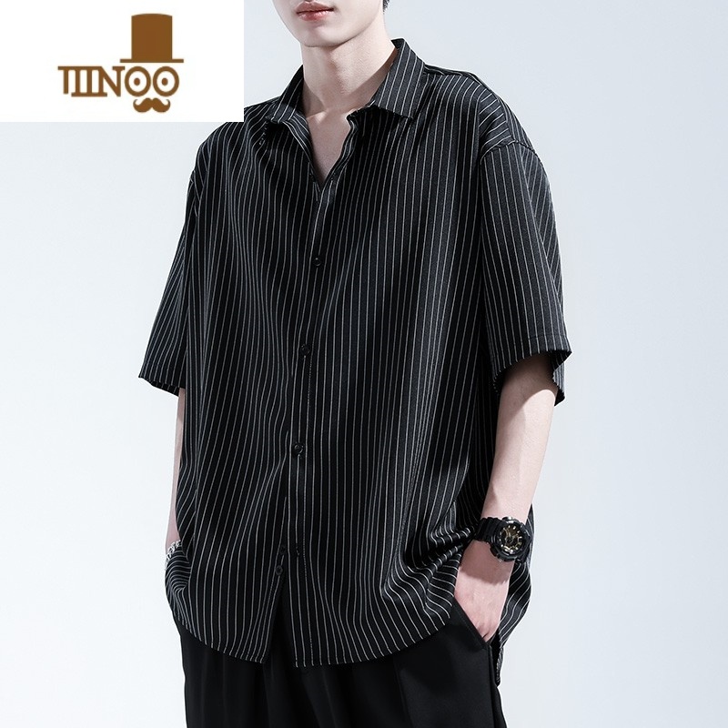 YANXU条纹短袖衬衫男宽松夏季冰丝薄款休闲感衬衣半袖百搭男士寸衣