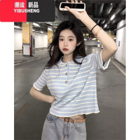 YIBUSHENG季韩版2024新款POLO领短款条纹正肩甜酷独特设计感T恤上衣女装