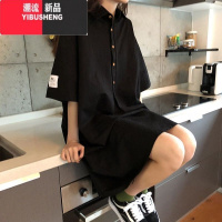 YIBUSHENG胖mm大码衬衫领短袖T恤女2-300斤黑色过膝中长款法式POLO连衣裙