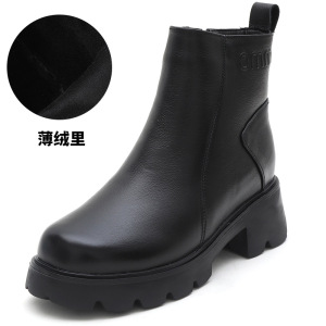 25秋冬复古女侧拉链粗跟头层牛皮短靴女圆头厚底马丁靴32小码棉靴