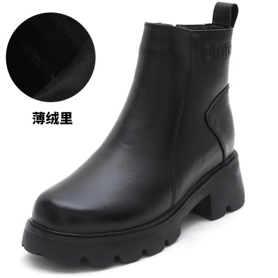 25秋冬复古女侧拉链粗跟头层牛皮短靴女圆头厚底马丁靴32小码棉靴