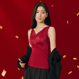 新款本莫代尔命年保暖背心女内衣带胸垫大红色桑蚕丝秋冬打底马甲