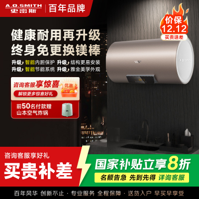史密斯60升电热水器 国家补贴 专利免更换镁棒 金圭内胆 短款 速热节能 CEWH-60ED3 一级能效
