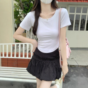 含棉 夏季设计感纯欲风甜辣妹性感u领短袖T恤女装不规则短款上衣